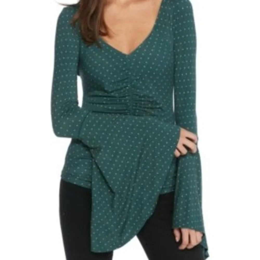 Free People Teal Polka Dot Ruched Bell Sleeve Top